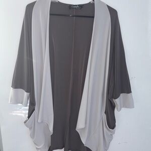 Sympli 2 Tone Open Cardigan 6 Pocket Boho Kimono Oversized Batwing Sleeves Gray
